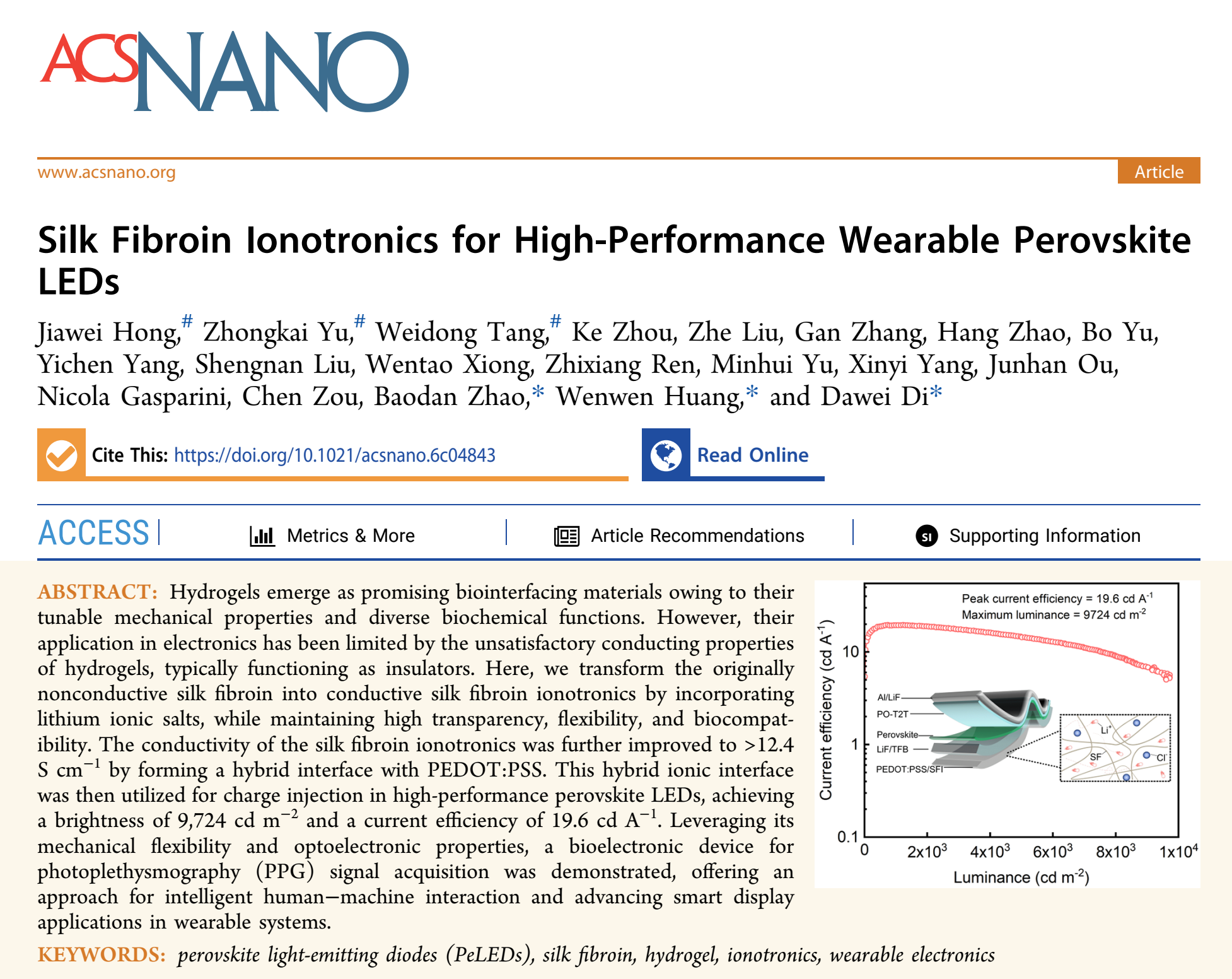Huang Lab Publishes Collaborative ACS Nano Paper: Silk Fibroin Ion Conductors Enable High-Performance Wearable Perovskite LEDs