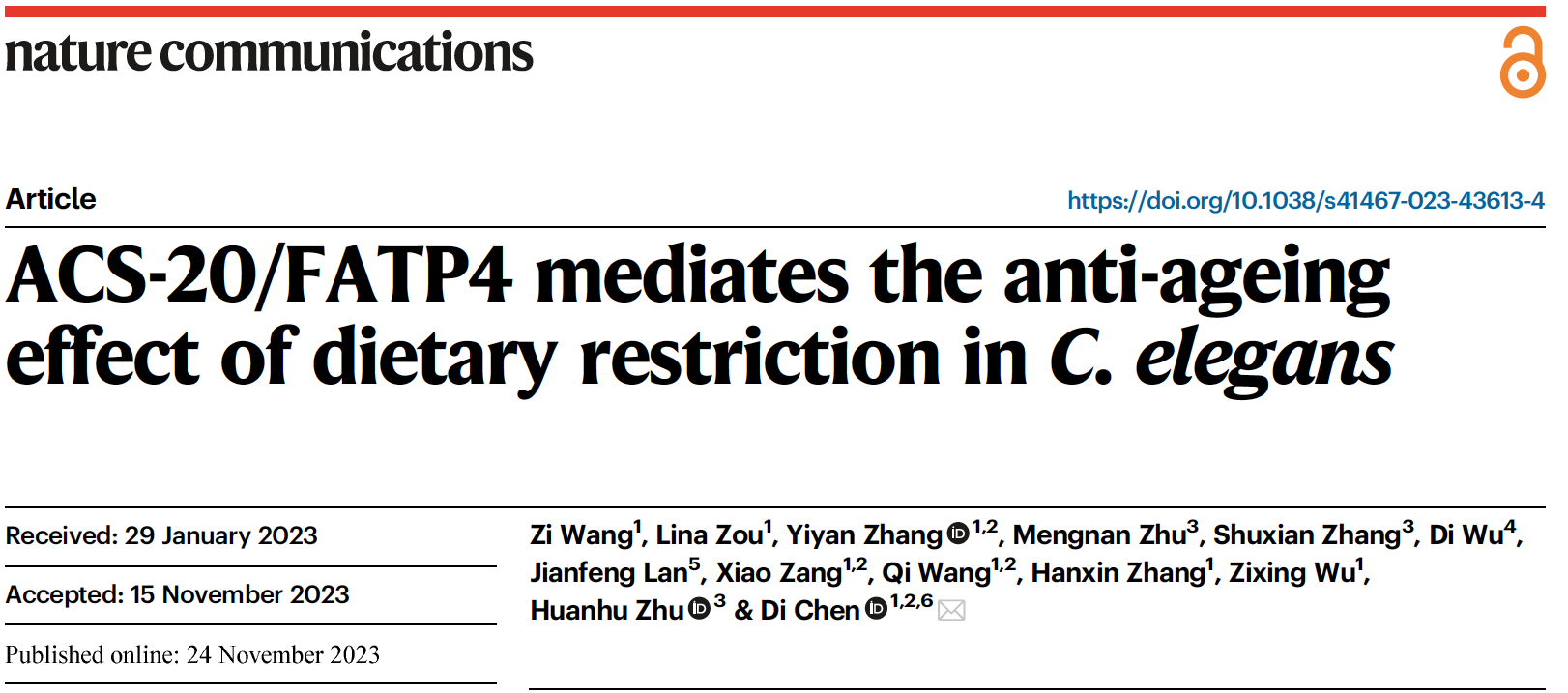 Dr. Di Chen's group published an article in Nature Communications, revealing novel molecular mechanisms of ageing